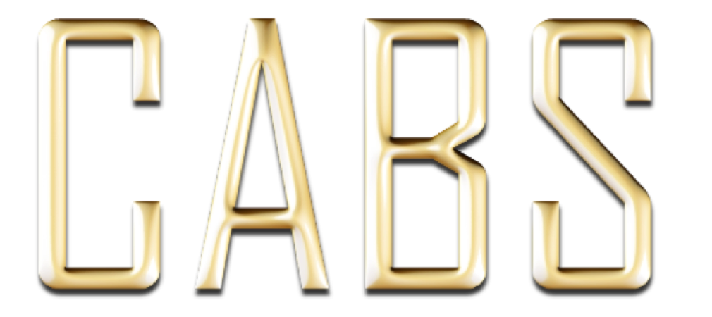 The image shows the word "CABS" in gold, stylized, uppercase letters on a white background.